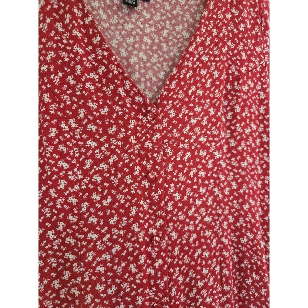 Saks Fifth Avenue Red Ditsy Floral Midi Dress V Neck Tie Back Boho Size 2 - Picture 9 of 12
